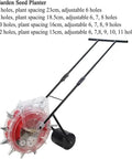 Metal Precision Garden Push Seeder With Clear Seed Storage Box Walk Behind Row Crop Planter, ten-hole capacity, no bend design.