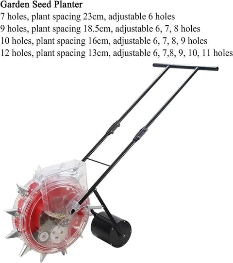 Metal Precision Garden Push Seeder With Clear Seed Storage Box Walk Behind Row Crop Planter, ten-hole capacity, no bend design.