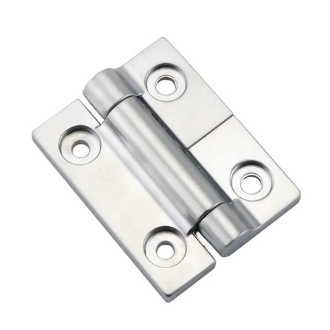 Close-up of zinc alloy damping torque hinge for industrial doors; chrome finish, 4 screw holes