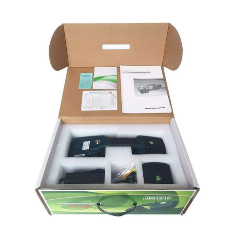Automatic Electric Strapping Machine With Hot Melt Welding Seal And Rechargeable Battery For No Sweat Carton Boxing One Half To Five Eighths Inches Wide in packaging with user manual and accessories.