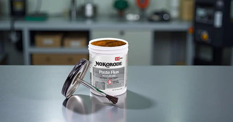 Nokorode 14020 Paste Flux For Plumbing, All Purpose Soft Solder Flux with lid and brush, 8 oz container in workshop.