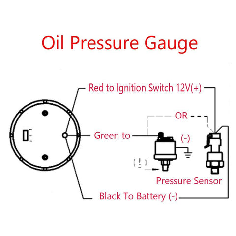 Front view of a 52mm automotive oil pressure gauge with red LED, showing pressure sensor and wiring diagram.