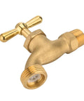 Heavy Duty Solid Brass Outdoor Garden Hose Faucet Featuring Half Inch Male Npt To Three Quarter Inch Mht Connection Smooth Multi Turn Shut Off Valve in close-up view.