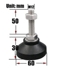 Heavy Duty Rock Solid Adjustable Leveling Feet For Furniture And Machinery Carbon Steel Screw Base Threads, showing dimensions and screw detail.