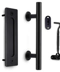 12 Inch Black Barn Door Handle With Latch Set, Heavy Duty Solid Carbon Steel Gate Pull, Round Handle, Rust-Resistant, Finger Pull