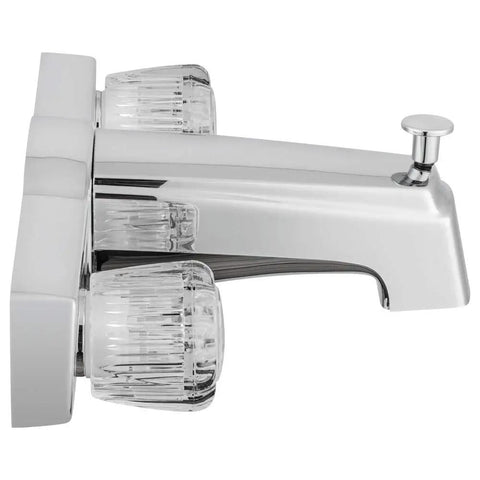 Side view of Budget Friendly Classic Tub And Shower Faucet With Diverter Chrome Polished Finish Easy Turn Crystal Acrylic Knobs