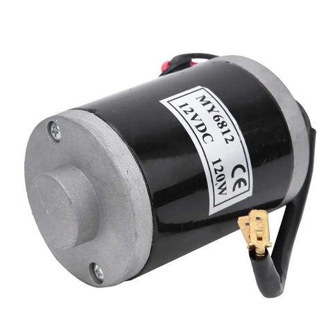 MY6812 12V 120W High Speed Brushed Motor for Electric Folding Scooters and Mini Dirt Bikes, showing 9 tooth gear and wiring.