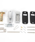 Keyless Digital Door Lock Set With Push Button Code Entry For Home And Business, No Key Hassle With Rugged Aluminum Body, parts shown