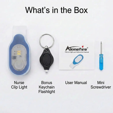 Contents of the box with Clip-On LED Nurse Light With Magnetic Clip For Scrubs And ID Badges Hands-Free Night Shift Illumination.