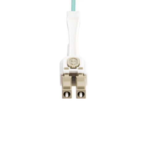 OM4 Push-Pull Fiber Cable 10ft 3m LC to LC for High-Density Setups With Retractable Connectors, EMI Shielded, Supports Up To 100Gbps Networking, Toolless Polarity Swap For Easy Insertion And Removal. White LC duplex connector on OM4 multimode fiber cable
