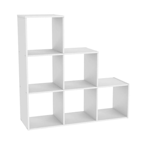 Three Two One Cube Storage Shelf Organizer Bookshelf With Three Tiers Corner Unit In White Wood Finish No Fuss Assembly And A Space Saving Kid Friendly Way To Stash Books Toys Decor And More with a step design and six cube openings.