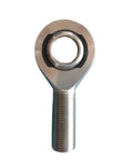 Heavy Duty Bulletproof Male Rod Ends Five Eighth Inch 5-18 Thread Left Hand Self Aligning Steel Heim Joints With Slick Chrome Finish And Beefy Copper Rings For Car Suspension Linkages Two Pack close-up view of steel heim joint with threaded rod.