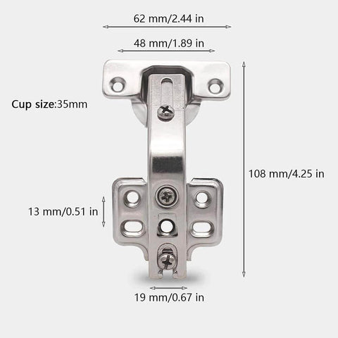 Two Pack 135 Degree Lazy Susan Concealed Cabinet Hinges For Corner Kitchen Cabinets Full Overlay Self Closing Hidden Door Hardware Durable Steel Replacement Hinges For Cupboards And Folded Doors front view with measurements