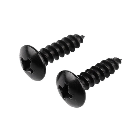 Two Slick M3 X 10mm Carbon Steel Round Head Self Tapping Wood Screws With Nifty Cross Slotted Mushroom Tops.
