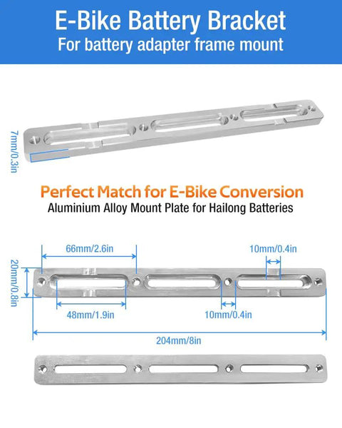 Sturdy Aluminum Ebike Battery Bracket Mount Plate With Adjustable Clamps And Nylon Straps display with dimensions