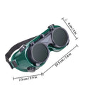 Four Pack Welding Safety Goggles With Flip Up Design Kickass Arc Light Protection No Sweat Ventilation For Industrial Work, showing dimensions and dark green color.