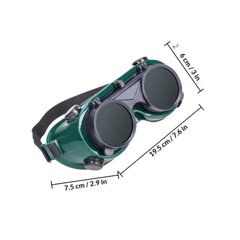 Four Pack Welding Safety Goggles With Flip Up Design Kickass Arc Light Protection No Sweat Ventilation For Industrial Work, showing dimensions and dark green color.