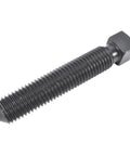Side view of long black steel bolt with hex head, fully threaded shaft and pointed tip