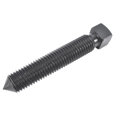 Side view of long black steel bolt with hex head, fully threaded shaft and pointed tip
