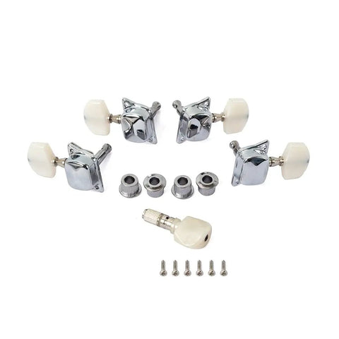 Five Piece Banjo Tuning Pegs Set With Semiclosed Machine Heads Chrome And White Finish Includes Bushings And Mounting Screws