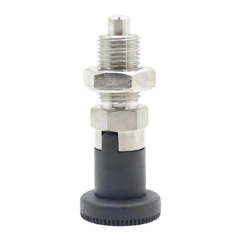 Top Shelf Stainless Steel Indexing Plunger With Easy Grab Nylon Handle And No Hassle Self Locking Design For Quick Workshop Clamping.