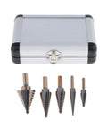 Pro Multi Size Step Drill Kit 5 Piece Hss With Cool Spiral Flute Design For Clean Holes And Less Heat Buildup To Get Your Metal Or Plastic Drilling Projects Done Fast And Super Tough.. 5-piece HSS step drill set with case