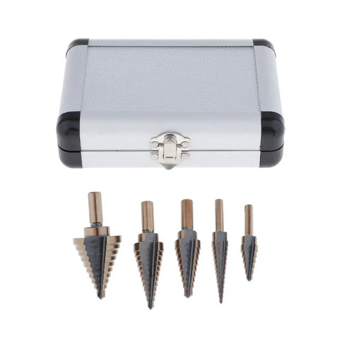 Pro Multi Size Step Drill Kit 5 Piece Hss With Cool Spiral Flute Design For Clean Holes And Less Heat Buildup To Get Your Metal Or Plastic Drilling Projects Done Fast And Super Tough.. 5-piece HSS step drill set with case