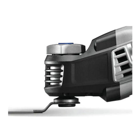 Close-up of 5 Amp Tool-Less Oscillating Tool Kit With Accessory Set showing tool-less accessory change system