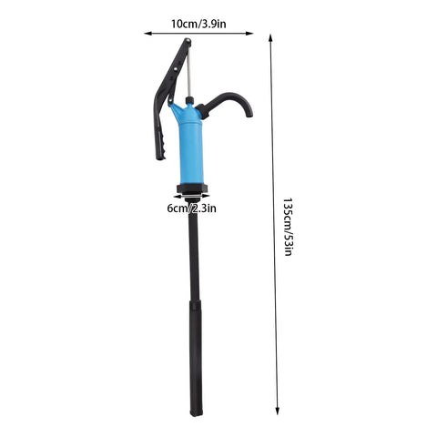 Plastic Lever Action Drum Pump Hand Transfer For 5 To 55 Gallon Barrels Delivers 10.8 Oz Per Stroke Fits 2 Inch Bung Openings Awesome For Oils Water Based Liquids And Mild Acids Or Alkalis In Workshop Or Farm Blue, 135cm tall