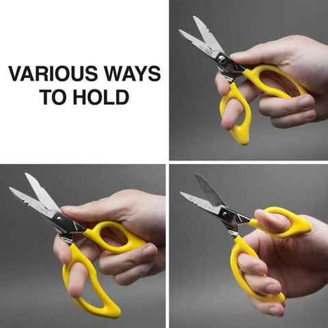 Electrician Scissors For Pros 6.75 Inch Heavy Duty Snips With Serrated Blades shown in various grip positions