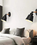 Nordic Style Wall Light Sconce Lamp E27 Copper Edison Look with macaron finish iron and wood beside bed.
