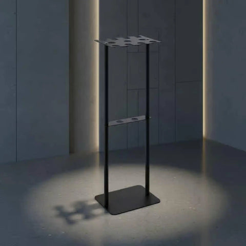 Heavy Duty Baseball Bat Stand With Badass Iron Frame Hella Tough Sports Equipment Rack For Game Room Gear Organizer And Electroplated Bat Display Holder Easy Setup in a sleek dark environment.