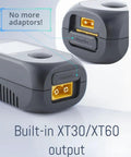 Pocket Size Ultra Compact RC Battery Charger With IPS Screen 80W 5A showing XT30/XT60 output for LiPo batteries.
