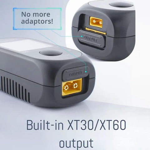 Pocket Size Ultra Compact RC Battery Charger With IPS Screen 80W 5A showing XT30/XT60 output for LiPo batteries.