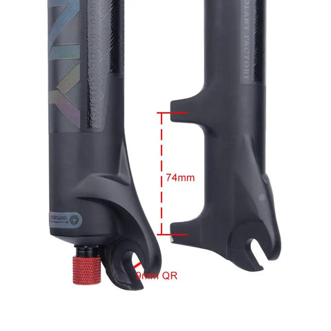 Air Front Mountain Bike Fork With 100mm Travel Rebound Adjustment Manual And Remote Lockout 26 27.5 And 29 Inches Straight Steerer One And One Eighth Inch 9mm QR featuring fork dropout and lower leg details