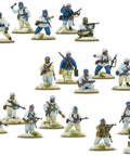Bolt Action Battle of the Bulge Starter Set miniatures set for adults, showcasing WWII infantry figures in winter uniforms on terrain bases.