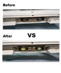 Before and after comparison of 2 Pack Sliding Patio Door Roller Assembly With 1-1/4 Inch Steel Ball Wheel Bearing Side Adjustable Replacement For Damaged Doors Includes 5/16 Inch Wheel Thickness And 1-1/4 Inch Diameter Durable Heavy Duty Rollers installed in sliding door track.