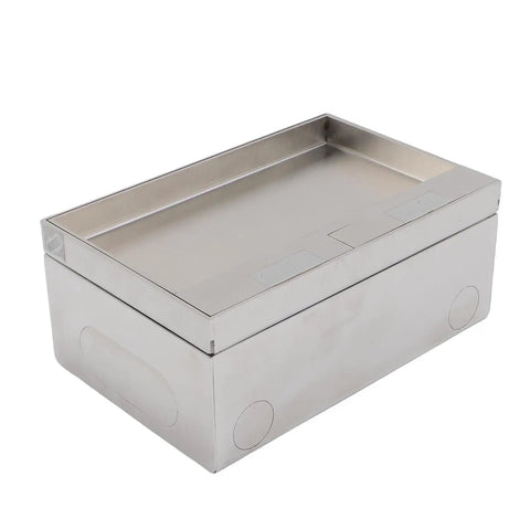Heavy Duty Recessed Floor Power Outlet Kit With Four Receptacles And A Stainless Steel Top showing a stainless steel electrical box.