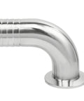 Side view of stainless steel 304 sanitary hose elbow with 3/4 in barbed inlet and tri-clamp flange