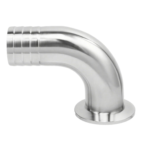 Side view of stainless steel 304 sanitary hose elbow with 3/4 in barbed inlet and tri-clamp flange