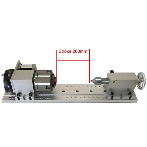 Beefed Up 4 Axis Cnc Rotary A Axis Indexing Head Featuring Rock Solid Nema23 Motor Precision And Snappy Swappable 80 100 Mm 3 4 Jaw Chucks For Dope Engraving Workflows With Mounting Base; 200mm stroke on aluminum base.