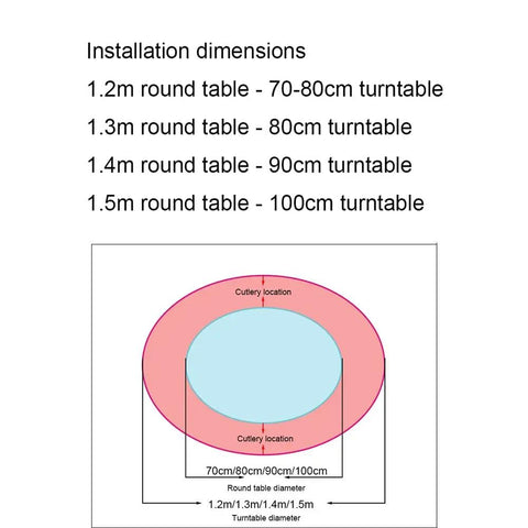 Installation dimensions for Tempered Glass Lazy Susan Turntable with Smooth Rotating Silent Swivel And Stable Base, diagram of table sizes