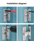 Installation diagram for Stainless Steel 90 Degree Portable Door Latch Heavy Duty Barn Gate Lock with tools and screws.