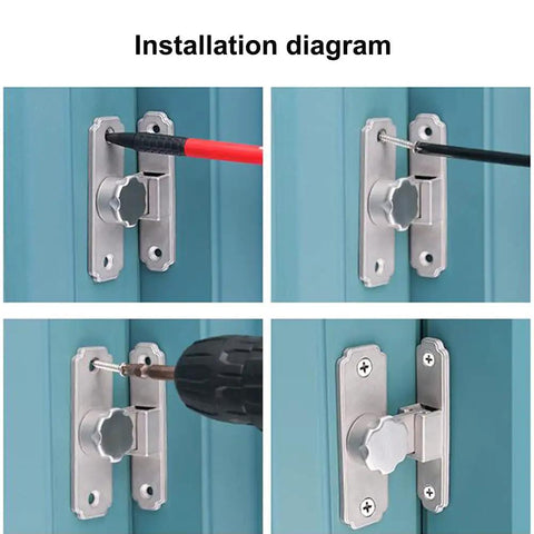 Installation diagram for Stainless Steel 90 Degree Portable Door Latch Heavy Duty Barn Gate Lock with tools and screws.