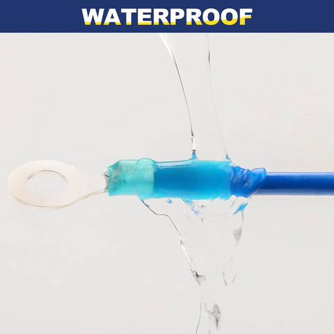 Close-up of heat-shrink insulated ring terminal on blue wire with teal sleeve