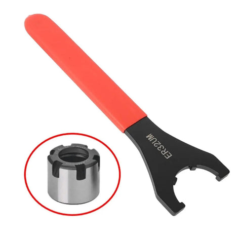 Premium High Carbon Steel Clamping Nut Wrench For ER32 Collet Chuck Spanner With Comfort Grip Ergonomic Handle, size ER32, with metallic collet.