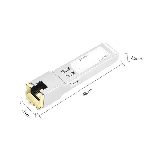 Easy Plug And Play SFP Copper Module With RJ45 Port For 100M Fiber Optic Transceiver In Your Ethernet Switch, 2.5G Ready, One Pack, Solid Dope Build For Fast Reliable Networking. Silver SFP copper module, 68mm x 13mm x 8.5mm