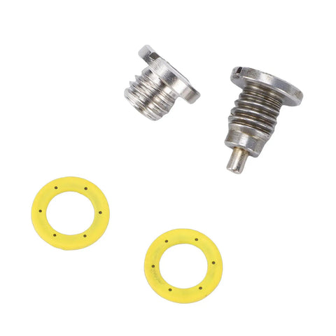 Upgrade Your Mariner Outboard With This Premium Metal Gear Case Drain Plug Kit 2 Pack Featuring Precise Seal And Easy Install For Oil Maintenance Without The Hassle Of OEM Parts, two metal plugs and yellow seals