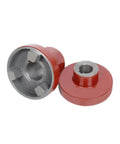 Heavy Duty Three Jaw Coupling Featuring Flexible Plum Blossom Design For Water Pump Motors With Bulletproof Aluminum Hubs Locked In Zero Slop For Reliable Precision Drives, showing red aluminum hubs.