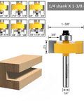 Quarter Inch Shank Rabbet Router Bit With Six Carbide Tips And Interchangeable Bearings displaying dimensions and rabbet cut example.